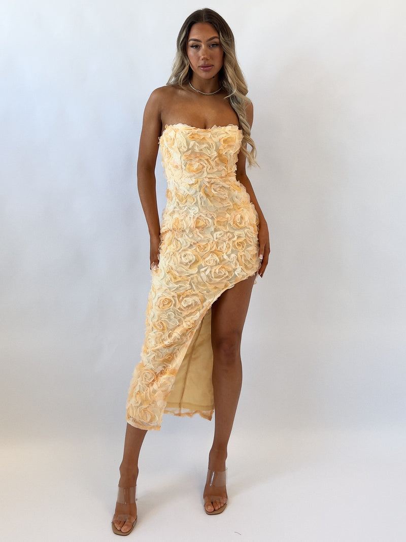 Rosette Midi Dress - Yellow/Orange