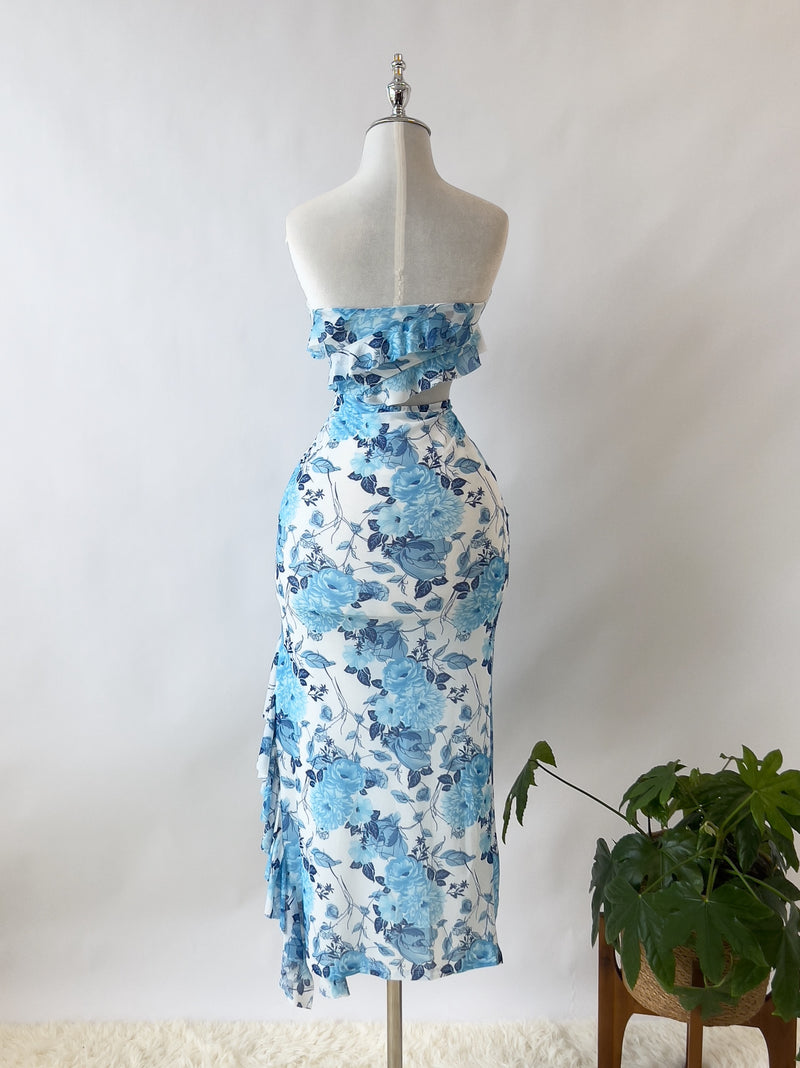 Audrina Floral Midi Dress - Blue