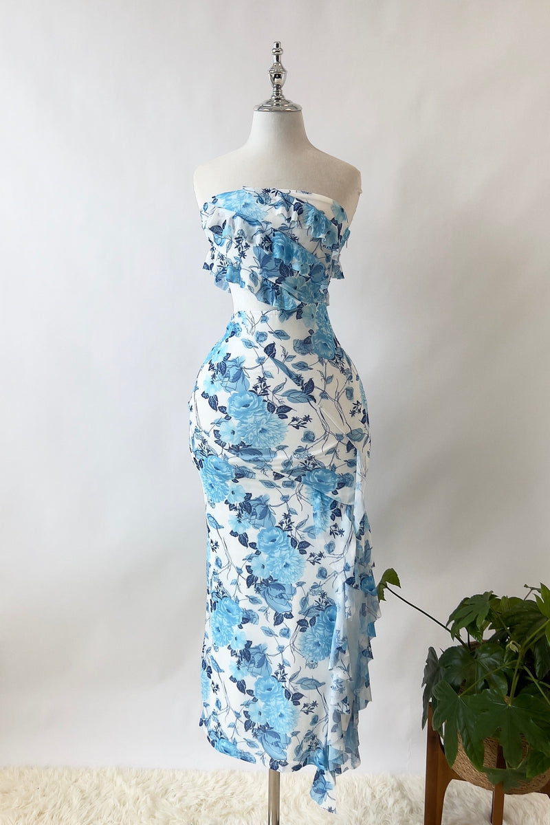 Audrina Floral Midi Dress - Blue