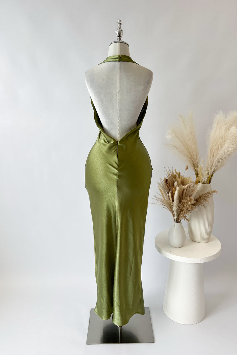 Olive Satin Midi Dress