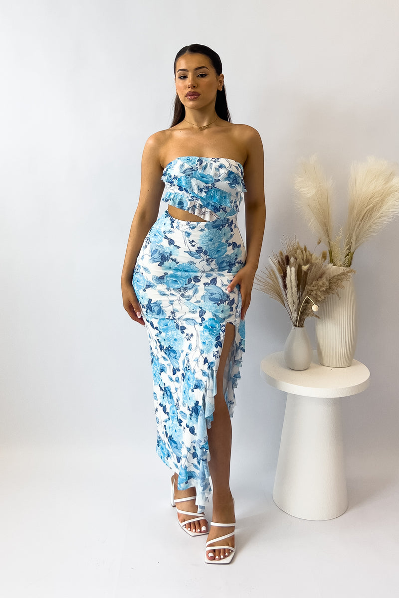 Audrina Floral Midi Dress - Blue