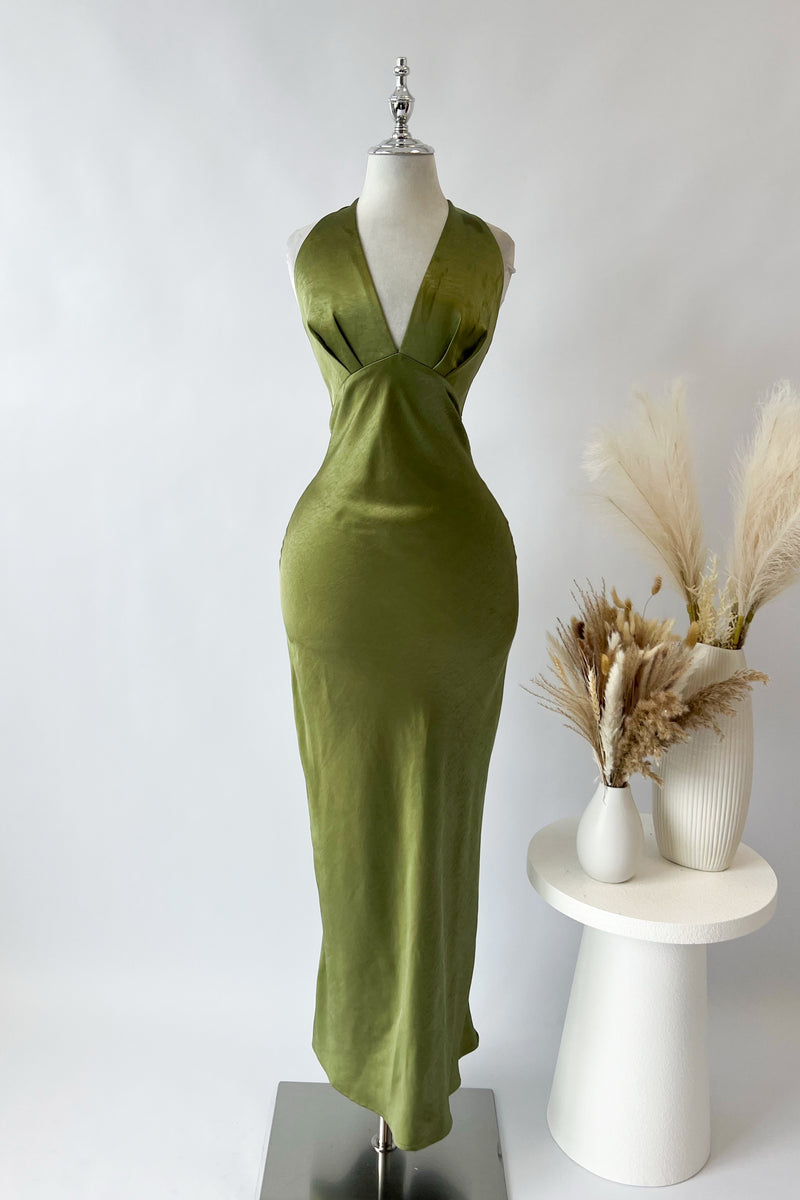 Olive Satin Midi Dress