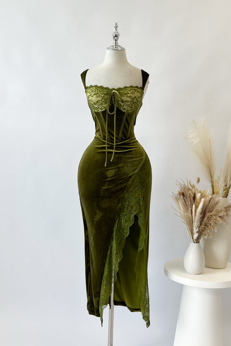 Elvissa Velvet Midi Dress - Olive